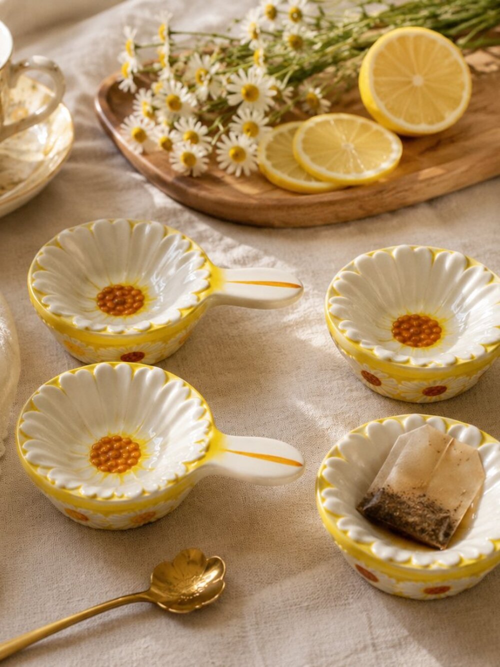 Vintage Brinn’s Japan Daisy Tea Bag Holders Set of 4 Yellow White Floral Ceramic